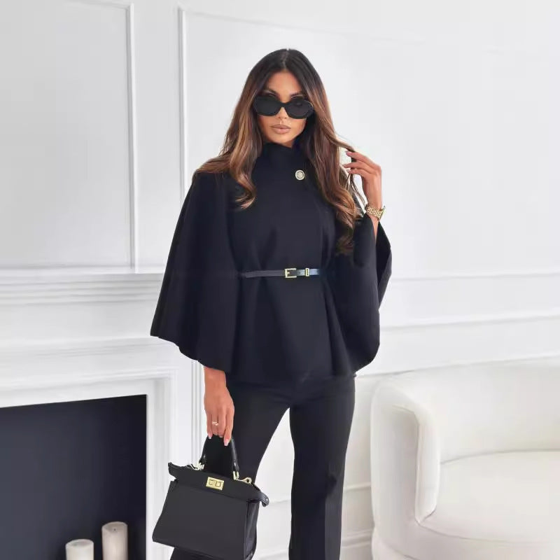 LOUISE | Moderner schwarzer Poncho mit Gürtel